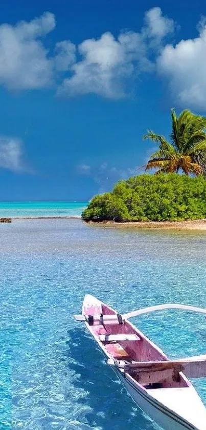 Tropical beach with boat, palm trees, and blue sky.