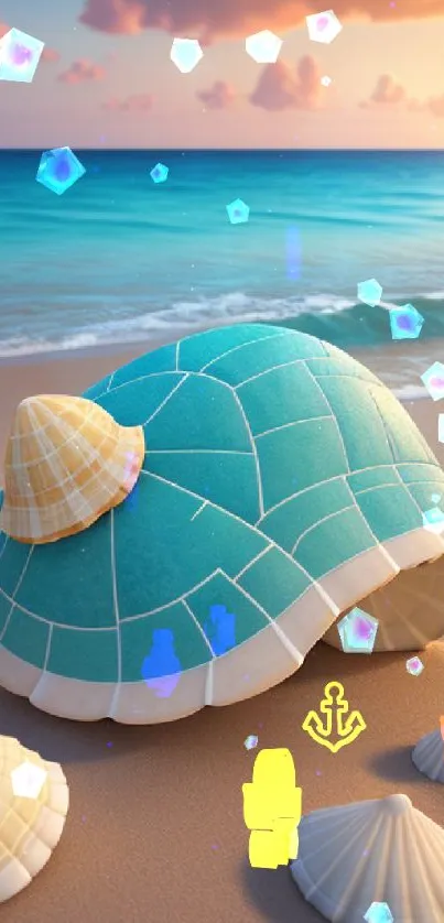 Tropical beach with seashells in sunset for mobile wallpaper.