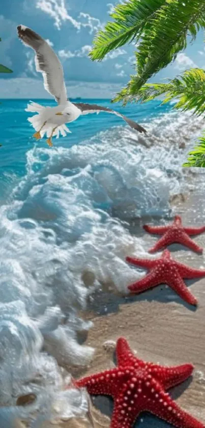 Tropical beach with starfish and seagull, vibrant and serene.