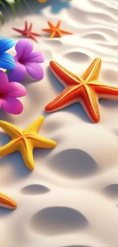 Vibrant starfish and flowers on sandy beach.