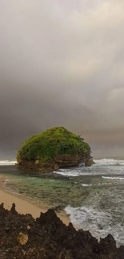 Dramatic tropical beach with storm clouds and lush greenery.