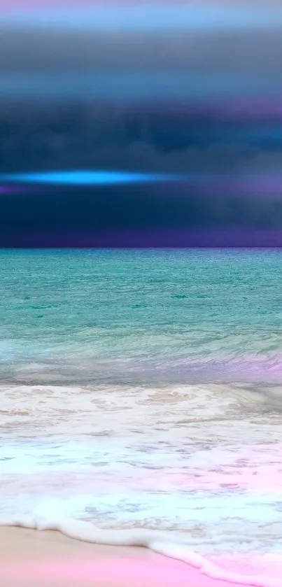 Tropical beach with turquoise water and dark stormy clouds.