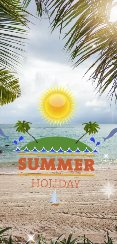 Tropical beach with palms and summer holiday graphics.