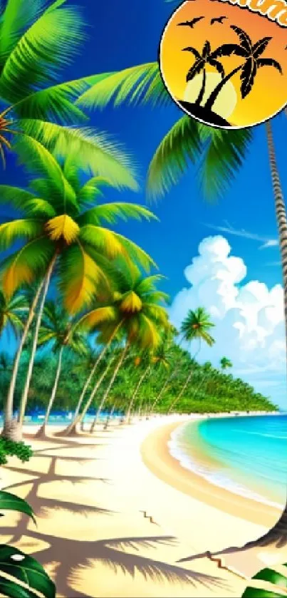 Tropical beach wallpaper with palm trees and a summer sun.