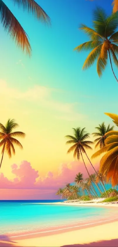 Tropical beach with palm trees and a beautiful sunrise over the ocean.