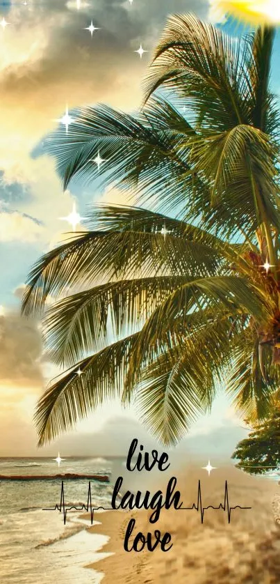 Tropical beach sunrise with palm trees and live laugh love text.