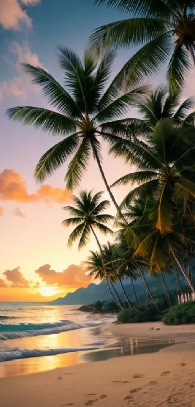 Tropical beach sunset with palm trees and vibrant sky.