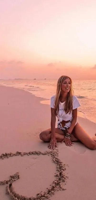 Woman enjoying tropical beach sunset with heart in sand.