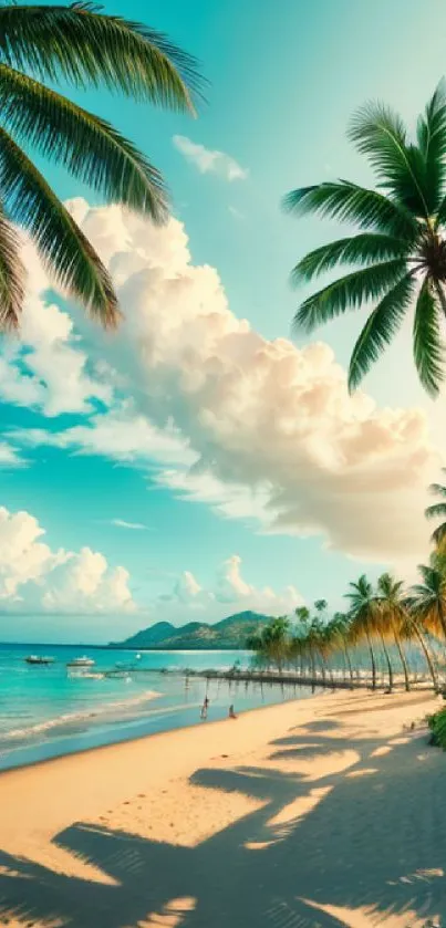 Tropical beach wallpaper with sunset and palm trees overlooking a serene ocean.