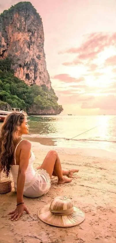 Woman enjoying peaceful sunset on tropical beach.