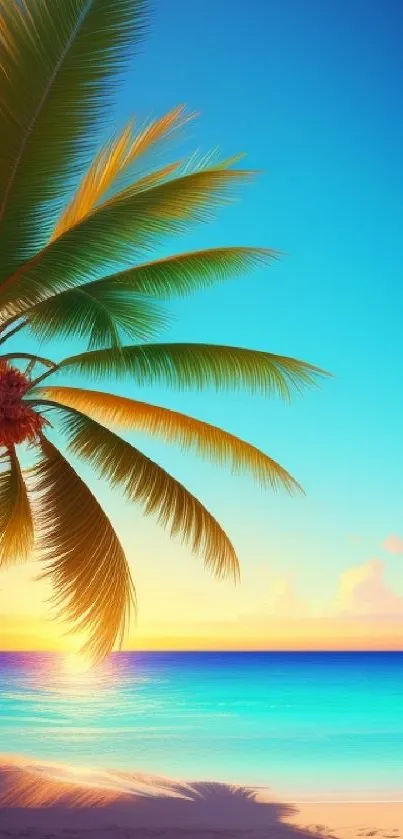 Tropical beach at sunset with palm trees and vibrant sky.