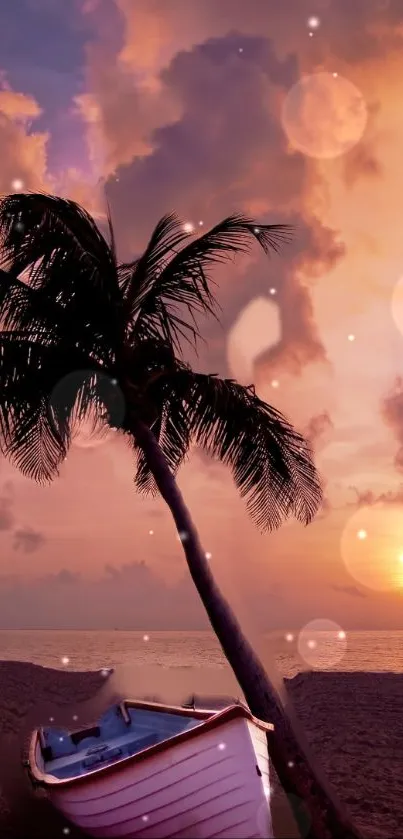 Tropical beach sunset with palm and boat in serene background.