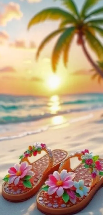 Tropical beach sunset with floral sandals and palm trees.