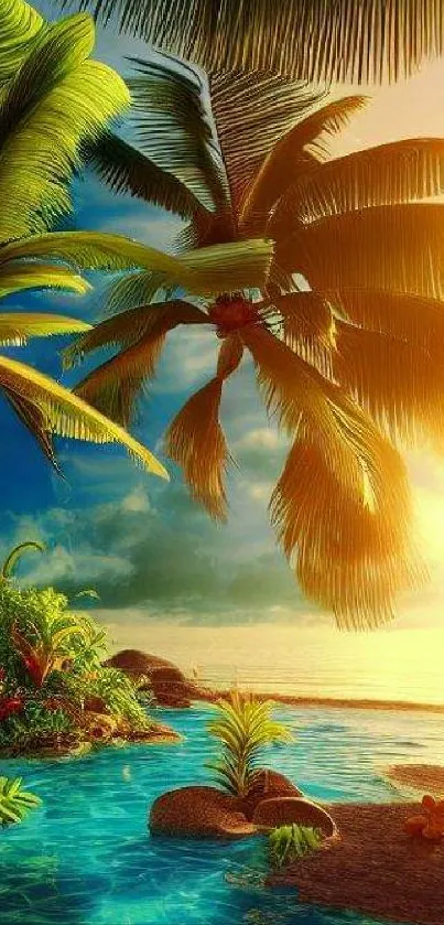 Tropical beach sunset with palms and ocean