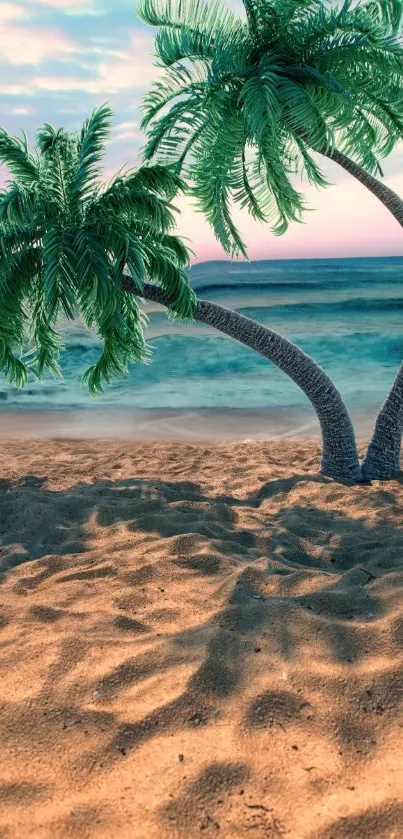 Tropical beach at sunset with palm trees and pastel sky.