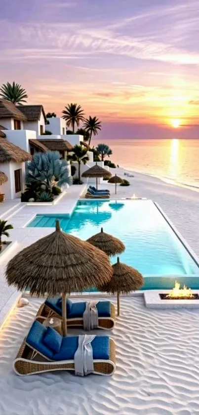Tropical beach sunset with infinity pool and thatched lounge chairs on sandy shore.