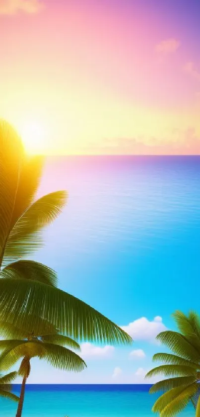 Tropical beach with palm trees at sunset, vibrant sky and ocean view.