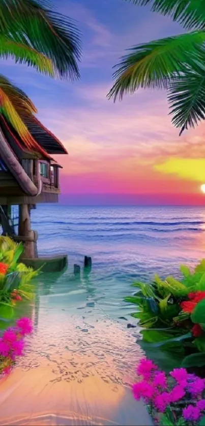 Vibrant tropical beach sunset with palm trees and ocean view.