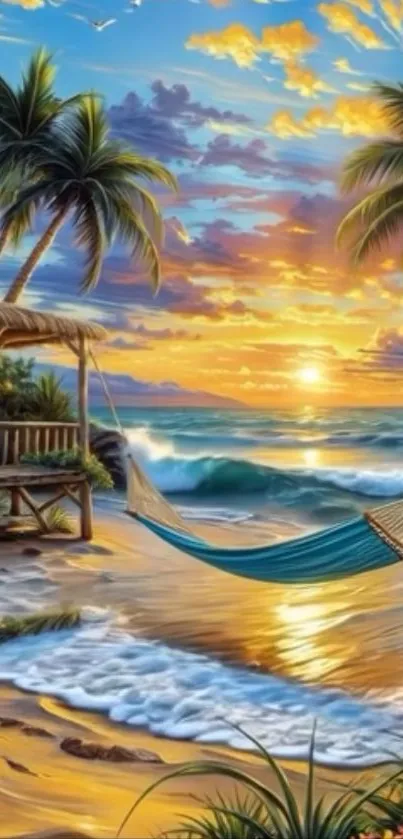 Tropical beach scene with hammock at sunset and palm trees.