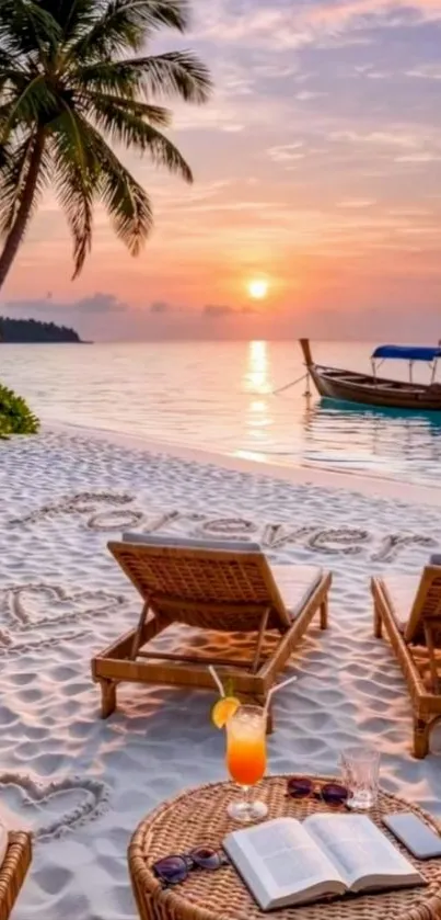 Tropical beach sunset with palm trees and chairs.