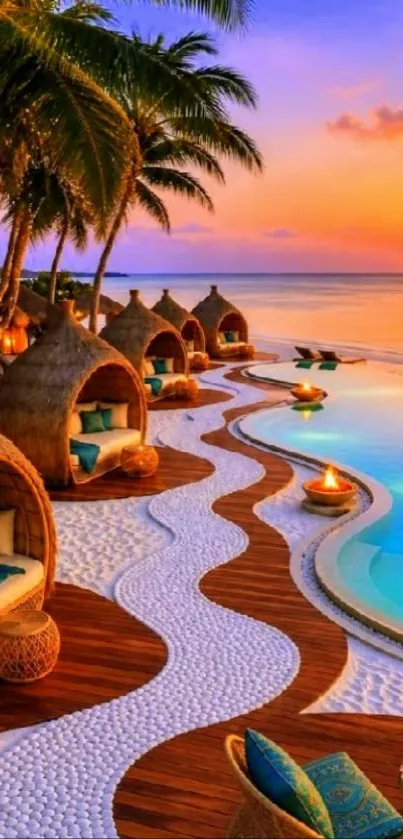 Tropical beach sunset with luxury cabanas on a winding path.