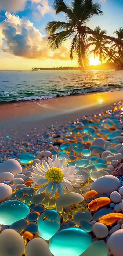 Tropical beach at sunset with palm trees and crystal clear ocean.