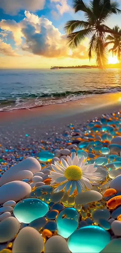 Tropical beach at sunset with pebbles, a daisy, and vibrant sky.