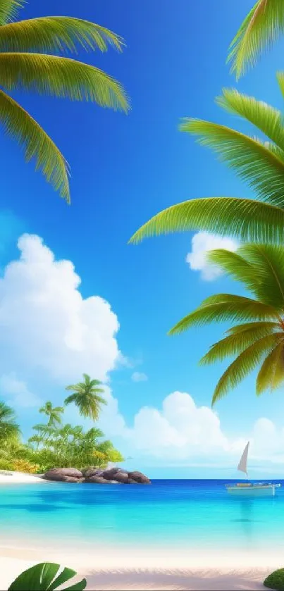 Tropical beach scene with blue sky and palm trees.