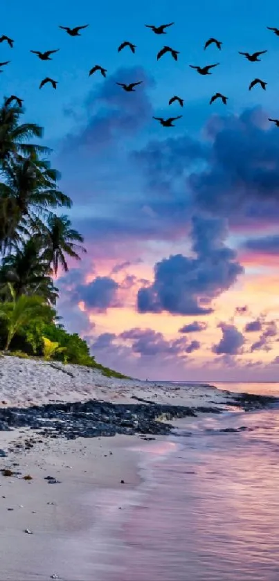 A serene tropical beach at sunset with palm trees and a colorful sky.