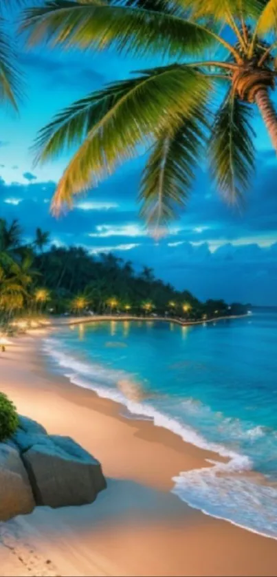 Tropical beach with sunset and palm trees creating a serene mobile wallpaper.
