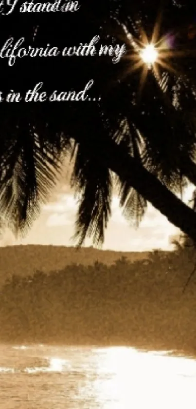 Tropical sunset with palm trees by the ocean waves.