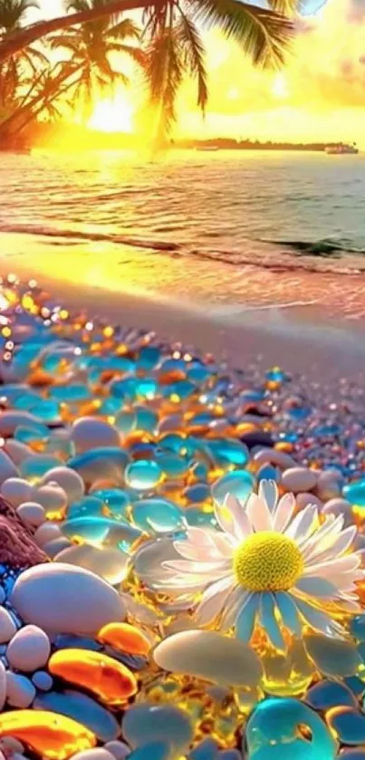 Tropical beach sunset with daisy flower and colorful pebbles on the shore.
