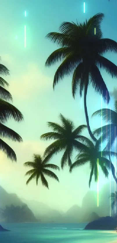 Tropical beach sunset with palm trees silhouetted against a vibrant sky.