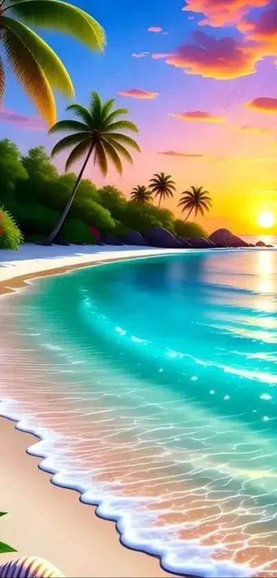Tropical beach at sunset with palm trees and ocean waves.
