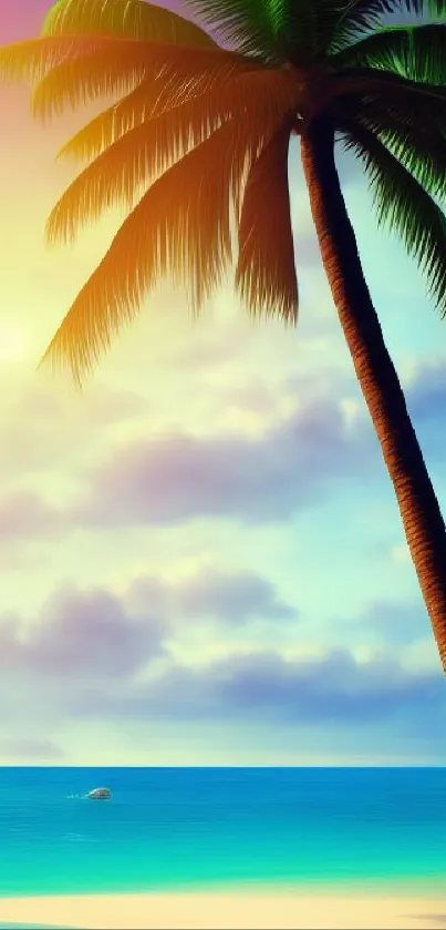 Tropical beach at sunset with palm trees and a vibrant sky.