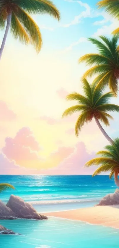 Tropical beach with palm trees at sunset, reflecting serene beauty.