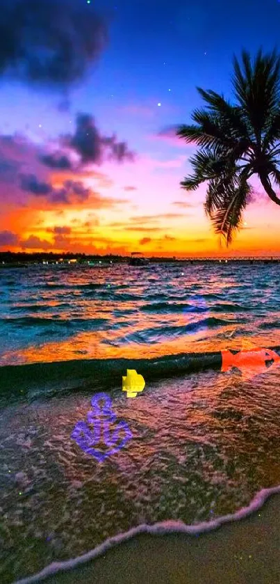 Vibrant tropical beach sunset with palm tree and ocean waves.