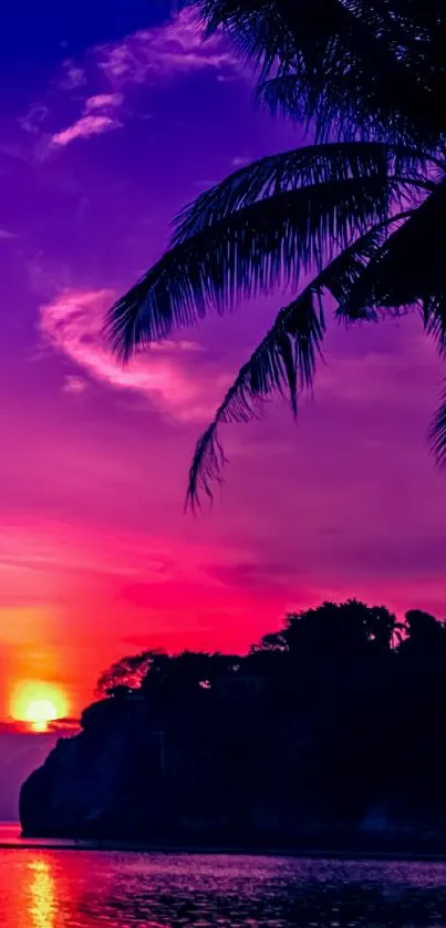 Tropical beach sunset with palm tree silhouette and vibrant colors.