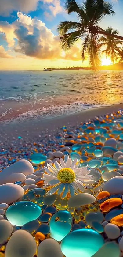 Tropical beach sunset with palm trees and colorful stones.