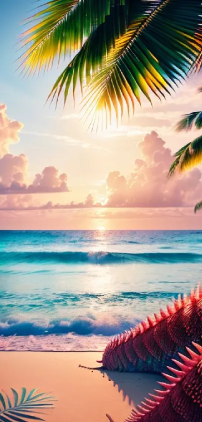 Tropical beach sunset with palms and a serene ocean view.