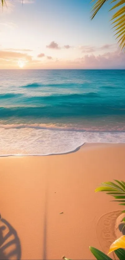 Mobile wallpaper of a tropical beach at sunset with ocean waves and palm leaves.