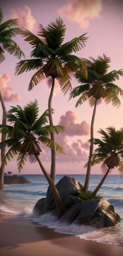 Tropical beach sunset with palm trees and ocean waves.