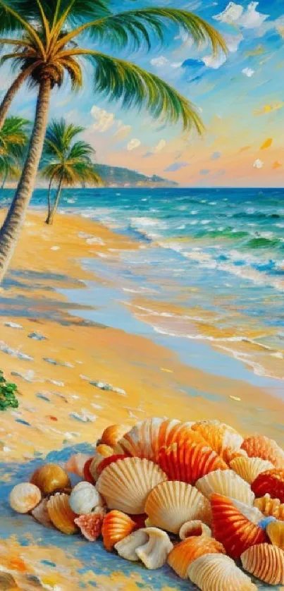Vibrant tropical beach with seashells and palm trees under a stunning sunset.