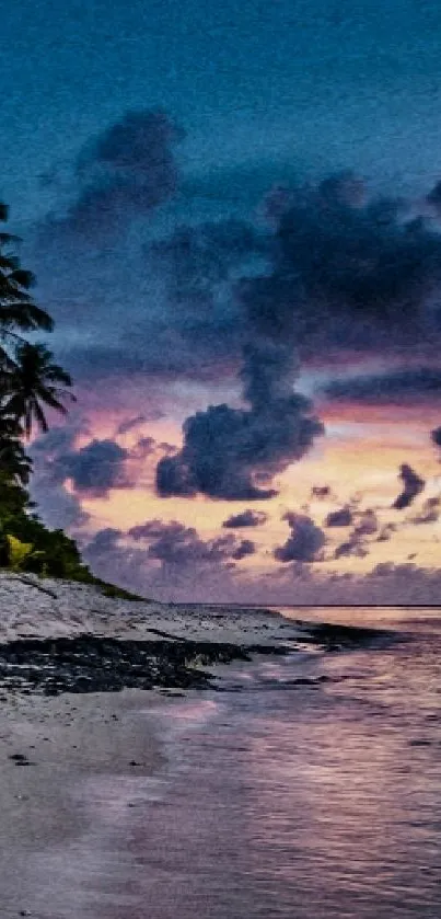 Scenic sunset on tropical beach with palm trees and colorful sky.