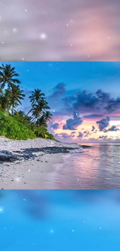 Tropical beach at sunset with vibrant sky and palm trees along the shore.