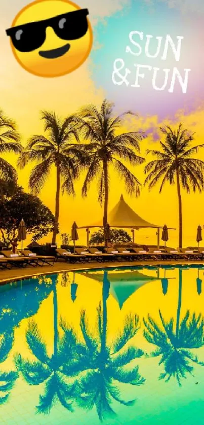 Tropical palm tree paradise with vibrant colors and pool reflection.