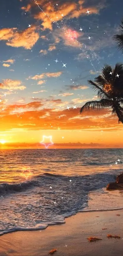 Tropical beach at sunset with palm trees and vibrant sky.