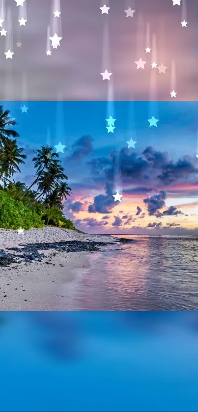 Tropical beach at sunset with starry sky design.