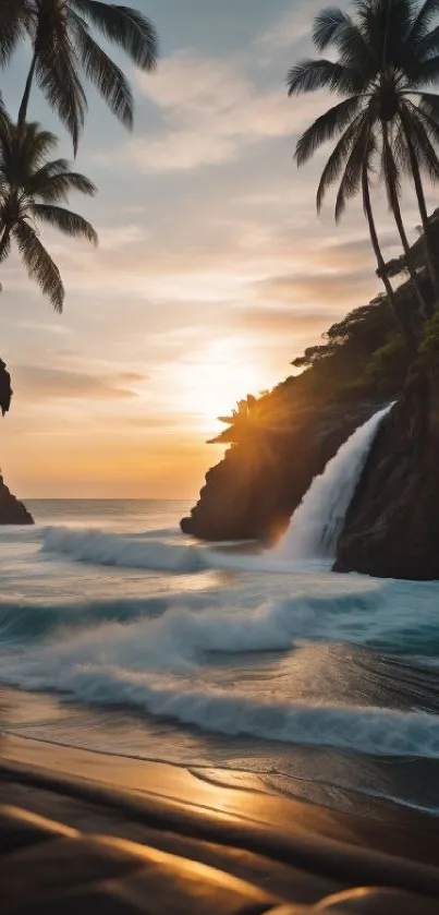 Tropical beach at sunset with palm trees, waves, and waterfall.