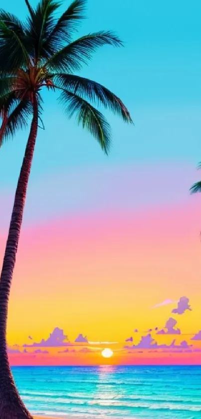 Vibrant tropical beach sunset with palm trees and ocean waves.